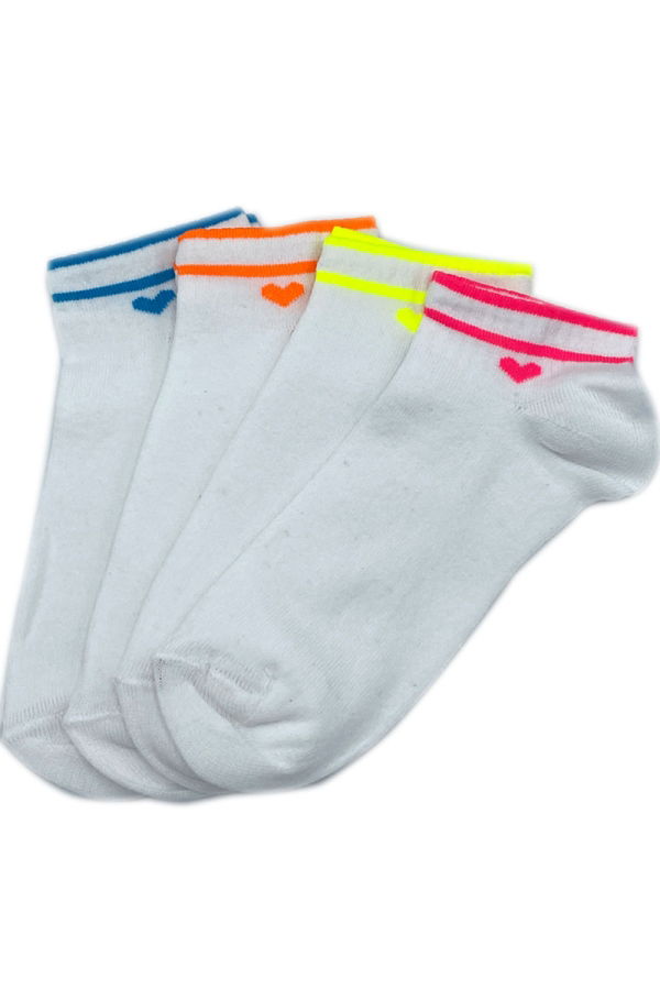 Çekmece - Çekmece 4&prime;Lü Soft Cotton Neon Çizgili ve Kalp Desenli Unisex Patik