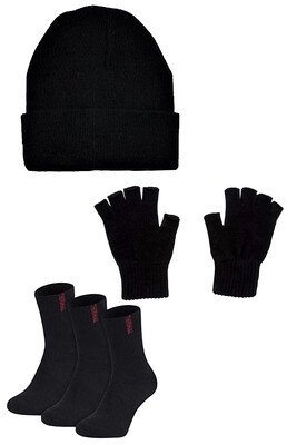 Çekmece - Çekmece 5 Parça Örme Bere Kesik Eldiven ve Çorap Set Siyah