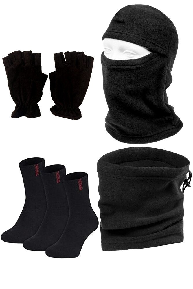Çekmece - Çekmece 6 Parça Polar Boyunluk Kesik Eldiven Kar Maskesi ve Çorap Set Siyah