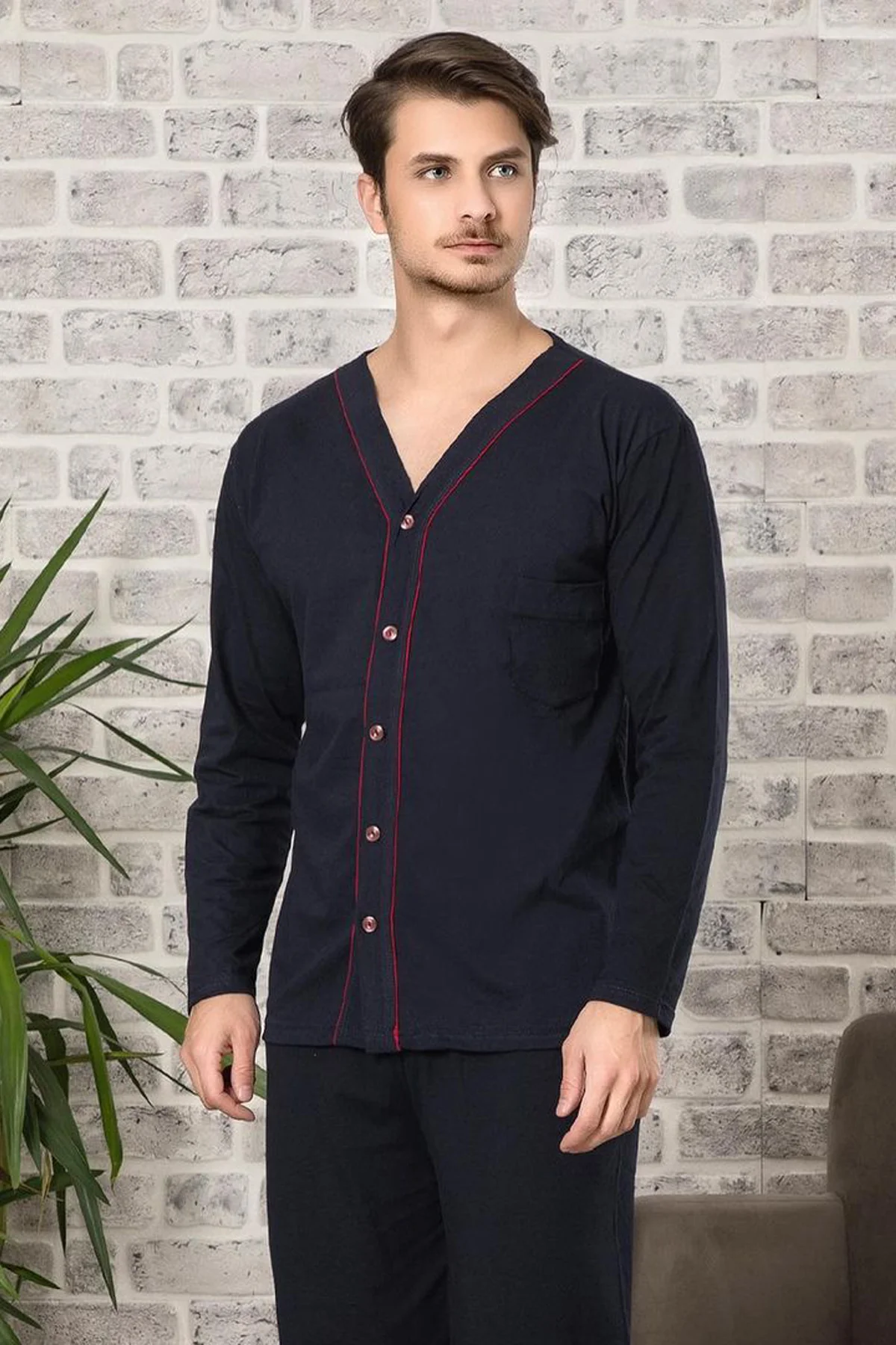 Çekmece - Çekmece Erkek Önden Düğmeli Uzun Kol Pijama Takımı Lacivert
