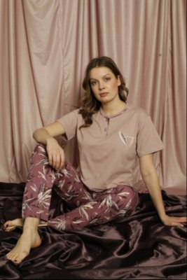 Çekmece Kadın Desenli Pijama Takımı Pembe - Thumbnail