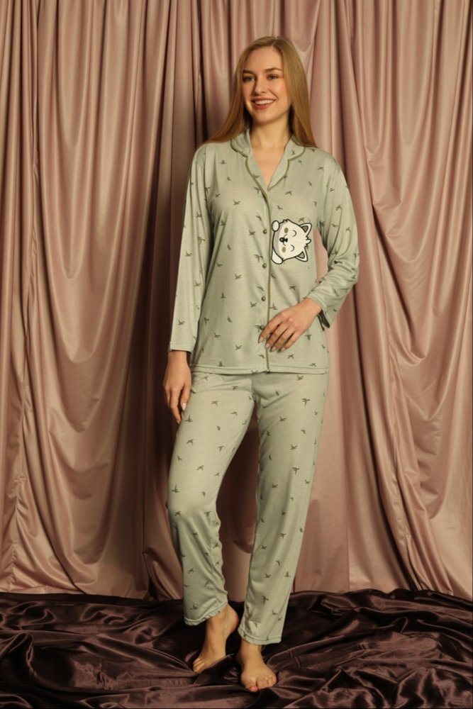 Çekmece - Çekmece Kadın Önden Düğmeli Pijama Takımı Çağla Yeşili