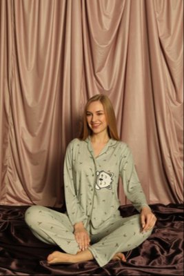 Çekmece Kadın Önden Düğmeli Pijama Takımı Çağla Yeşili - Thumbnail