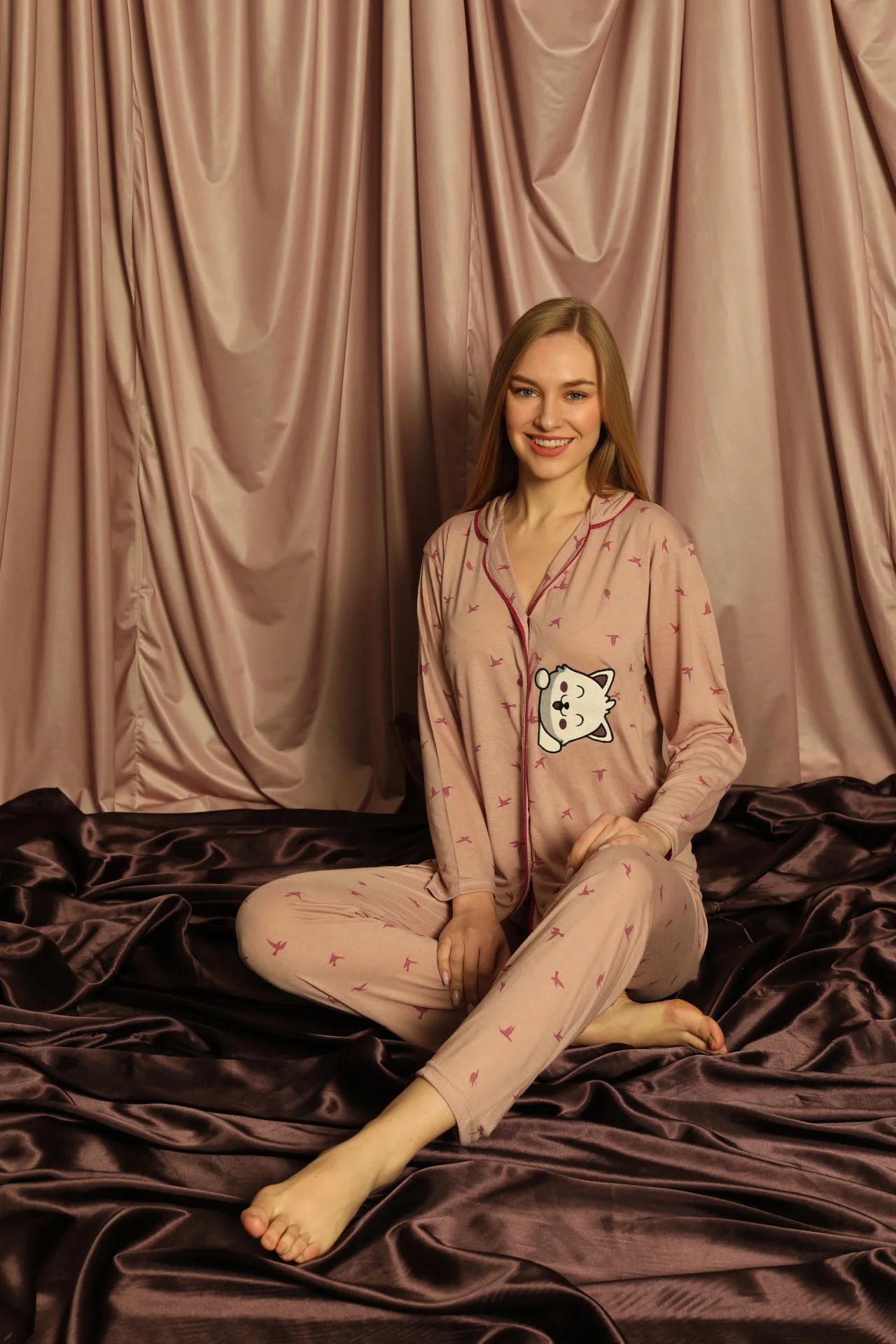 Çekmece Kadın Önden Düğmeli Pijama Takımı Pembe - Thumbnail