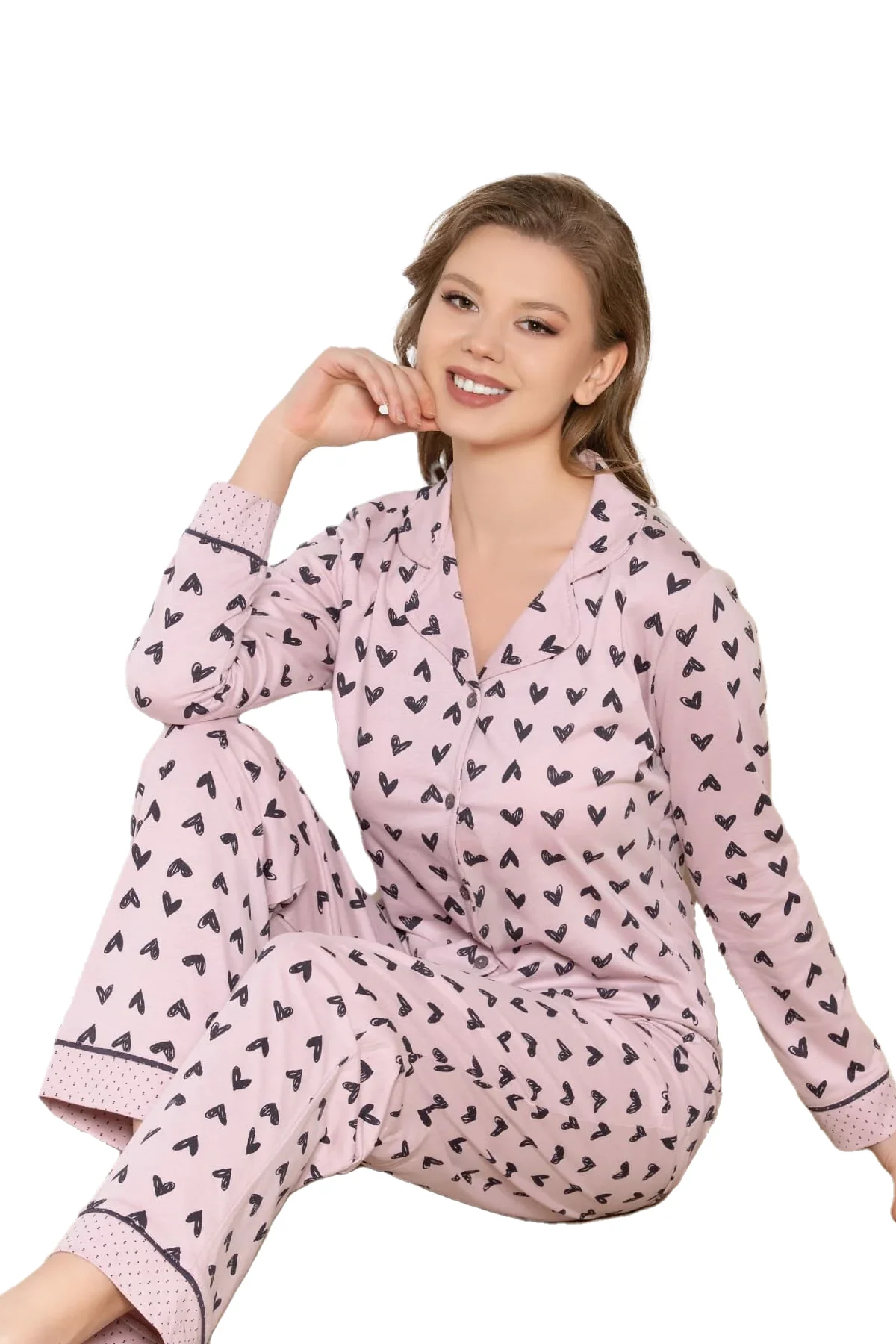 Çekmece - Çekmece Kadın Önden Düğmeli Pijama Takımı Pembe