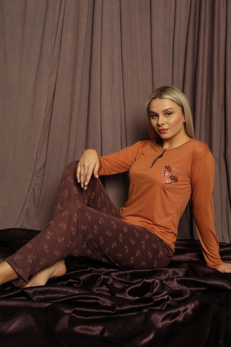 Çekmece Kadın Pijama Takımı Kahverengi
