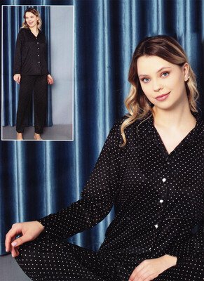 Çekmece - Çekmece Kadın Uzun Kollu Puantiyeli Pijama Takımı Siyah