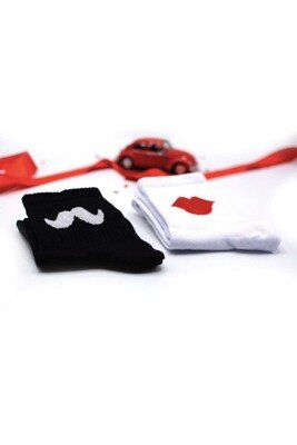 Fk Mood Sevgili Çorabı( 2 Çift) Dudak-Bıyık Beyaz/Siyah - Thumbnail