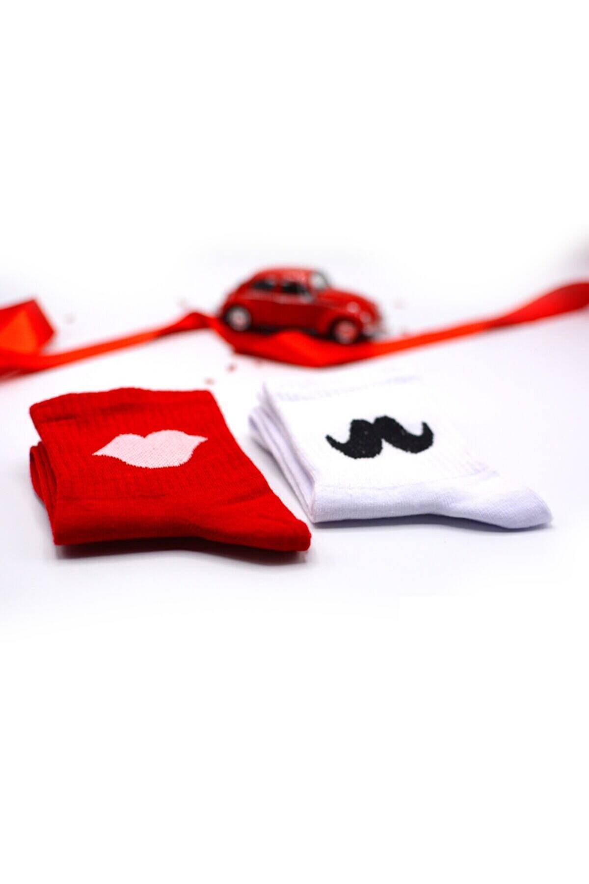 Fk Mood Sevgili Çorabı( 2 Çift) Dudak-Bıyık/Kırmızı-Beyaz