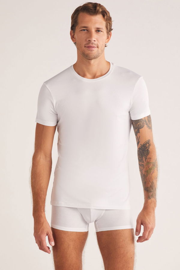 Kom - Kom Enzo Bisiklet Yaka Modal Erkek Tshirt Beyaz