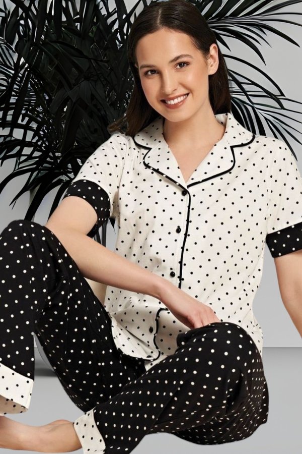 Poleren - Poleren 966 Kadın Kısa Kollu Puantiyeli Pijama Takımı Siyah-Beyaz
